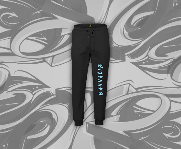 black joggers, light blue Bannacis text