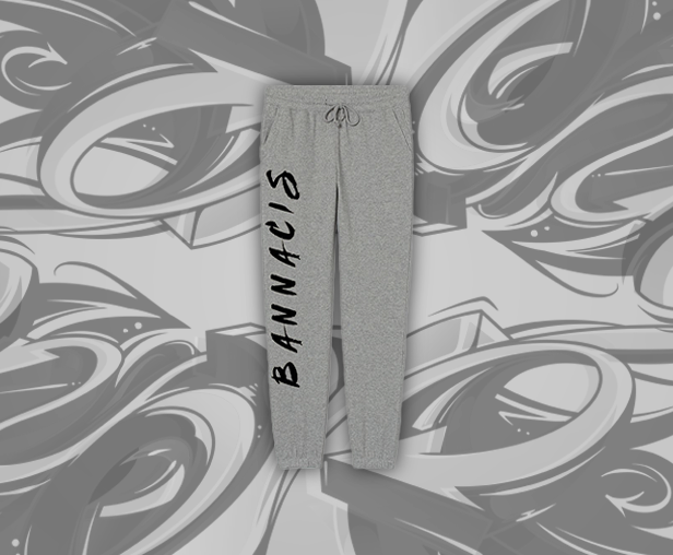 gray sweatpants with black Bannacis branding