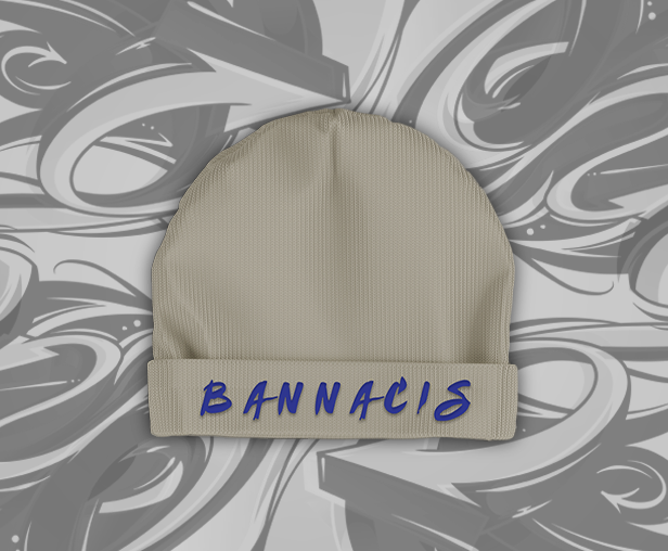 tan beanie hat, dark blue Bannacis text